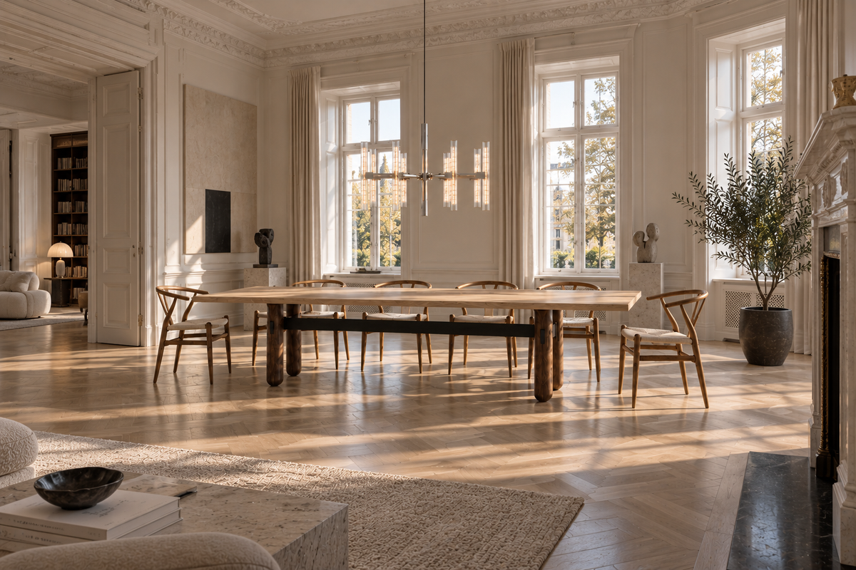8 Arm Chandelier lysekrone over Table No II spisebord i træ i elegant dansk spisestue