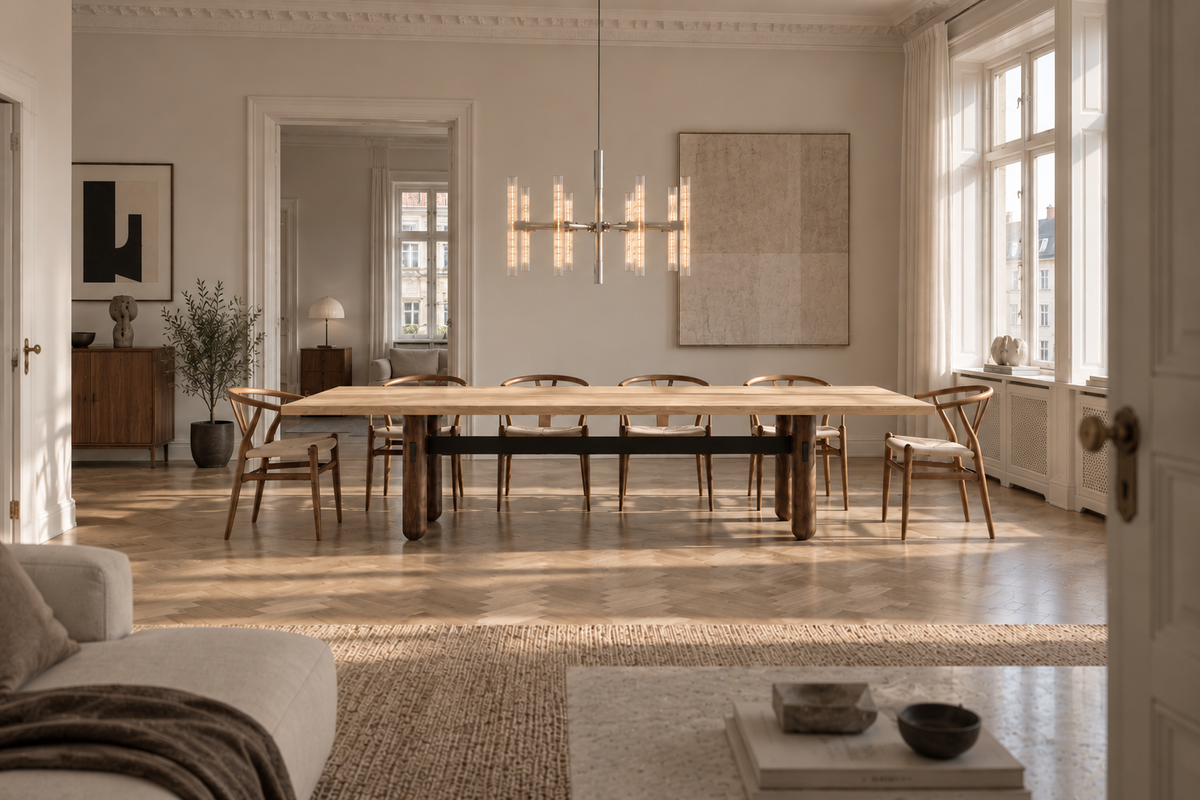 8 Arm Chandelier lysekrone over Table No II spisebord i træ i elegant dansk spisestue